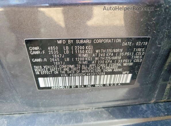 4S4BSENC4K3317098 2019 SUBARU OUTBACK Gray Вид підкапотного простору