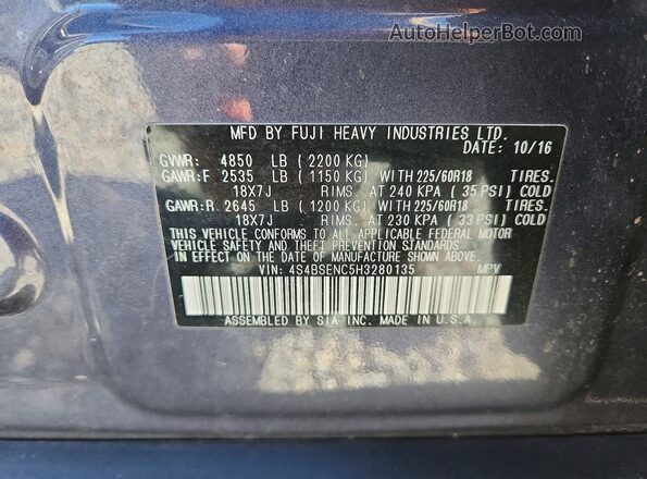 4S4BSENC5H3280135 2017 SUBARU OUTBACK Blue სალონის 360-გრადუსიანი ხედი