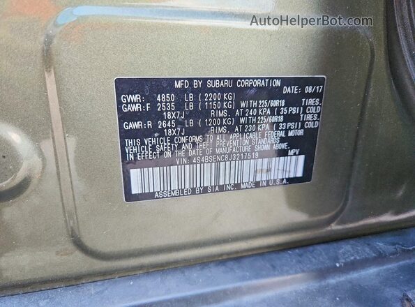 4S4BSENC8J3217519 2018 SUBARU OUTBACK Green Vista interior de 360 grados