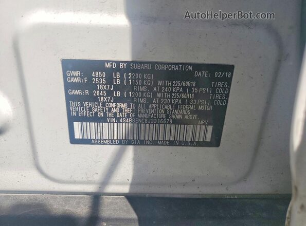 4S4BSENC8J3316678 2018 SUBARU OUTBACK Белый Панорамный вид салона 360°