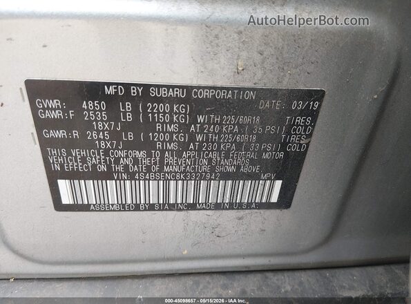 4S4BSENC8K3327942 2019 SUBARU OUTBACK Серебряный Вид подкапотного пространства