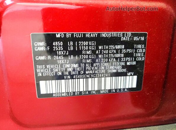 4S4BSENC9G3344241 2016 SUBARU OUTBACK Red Widok naklejki z numerem VIN