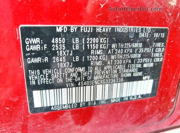 4S4BSENCXG3236338 2016 SUBARU OUTBACK Red Widok naklejki z numerem VIN
