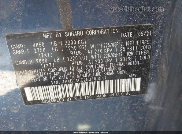 4S4BTACC2N3100517 2022 SUBARU OUTBACK Blue Widok komory silnika