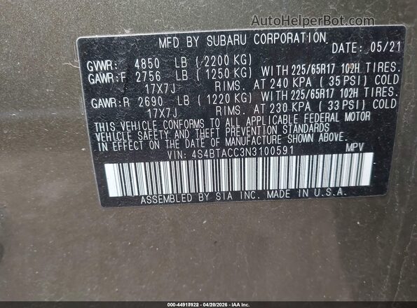 4S4BTACC3N3100591 2022 SUBARU OUTBACK Зеленый Вид подкапотного пространства