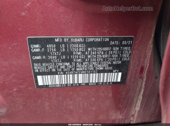 4S4BTACC4N3101152 2022 SUBARU OUTBACK Maroon Widok komory silnika