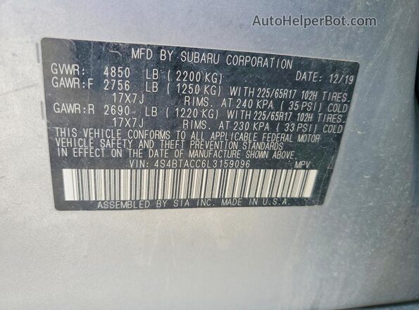 4S4BTACC6L3159096 2020 SUBARU OUTBACK Серебряный Вид наклейки с VIN-кодом