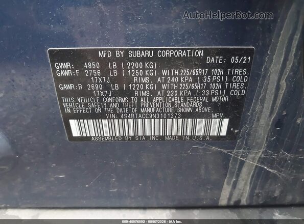 4S4BTACC9N3101373 2022 SUBARU OUTBACK Blue Vista del compartimento del motor