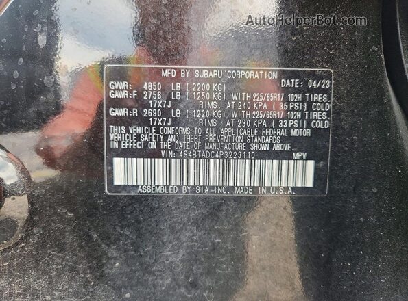 4S4BTADC4P3223110 2023 SUBARU OUTBACK Black Widok naklejki z numerem VIN