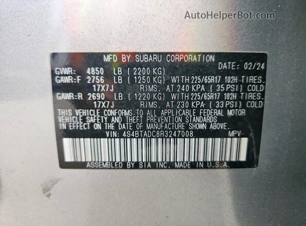 4S4BTADC8R3247008 2024 SUBARU OUTBACK Silver 360 interior view