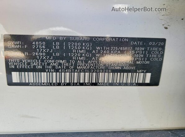 4S4BTAEC1L3209206 2020 SUBARU OUTBACK White Widok naklejki z numerem VIN