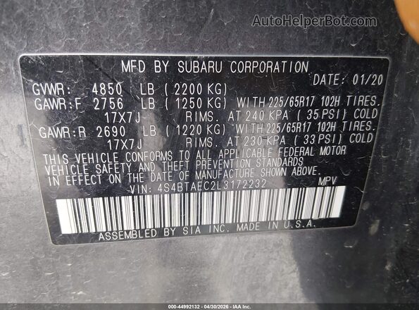 4S4BTAEC2L3172232 2020 SUBARU OUTBACK Gray Widok komory silnika