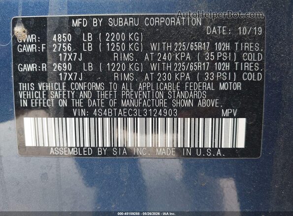 4S4BTAEC3L3124903 2020 SUBARU OUTBACK Синий Вид подкапотного пространства