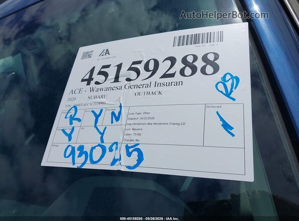4S4BTAEC3L3124903 2020 SUBARU OUTBACK Синий 