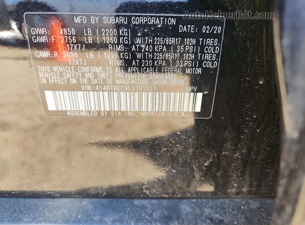 4S4BTAEC9L3191201 2020 SUBARU OUTBACK Black Vista interior de 360 grados