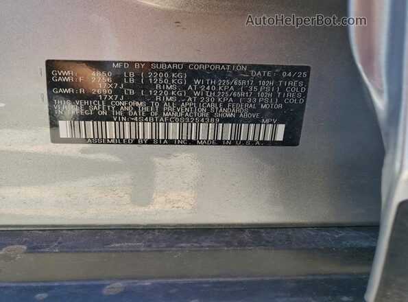 4S4BTAFC0S3254389 2025 SUBARU OUTBACK Серебряный Вид наклейки с VIN-кодом