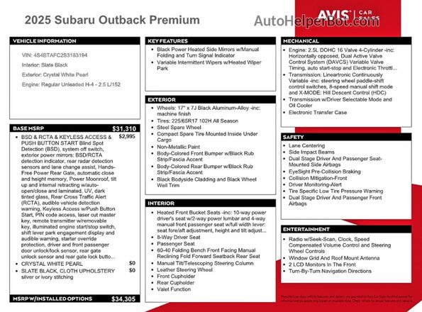 4S4BTAFC2S3183194 2025 SUBARU OUTBACK Белый Вид наклейки с VIN-кодом