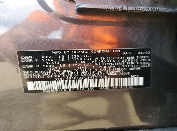 4S4BTAFC3N3231659 2022 SUBARU OUTBACK Gray Widok naklejki z numerem VIN