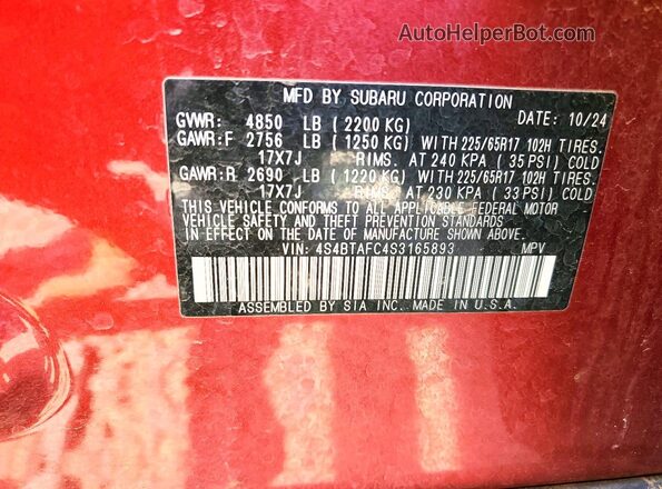4S4BTAFC4S3165893 2025 SUBARU OUTBACK Красный Вид наклейки с VIN-кодом