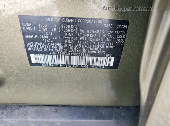 4S4BTAFC9S3233394 2025 SUBARU OUTBACK Зеленый Вид наклейки с VIN-кодом