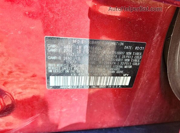 4S4BTAFCXM3187867 2021 SUBARU OUTBACK Maroon 360 interior view