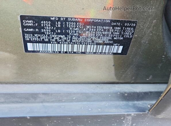 4S4BTALC6L3202805 2020 SUBARU OUTBACK Зеленый Вид наклейки с VIN-кодом