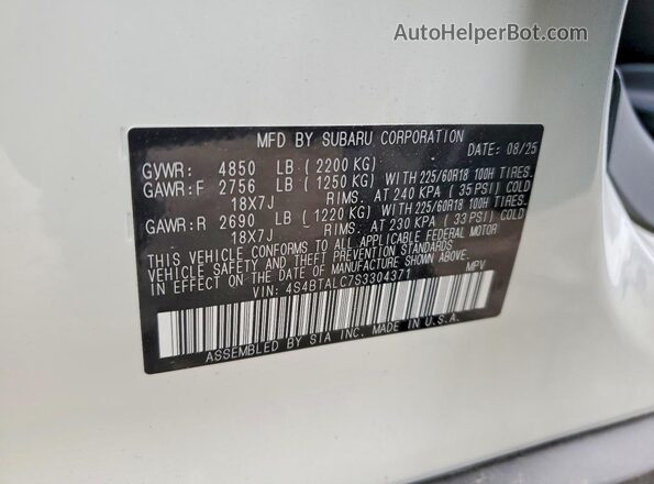 4S4BTALC7S3304371 2025 SUBARU OUTBACK White VIN კოდის სტიკერის ხედი