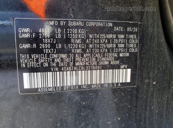 4S4BTALC8L3216091 2020 SUBARU OUTBACK Black Widok wnętrza 360 stopni