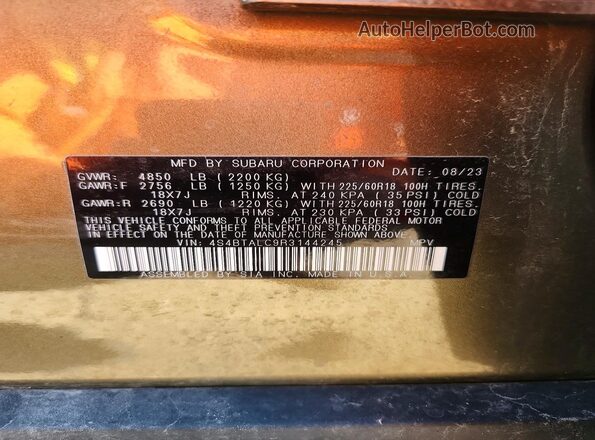 4S4BTALC9R3144245 2024 SUBARU OUTBACK Green Widok naklejki z numerem VIN