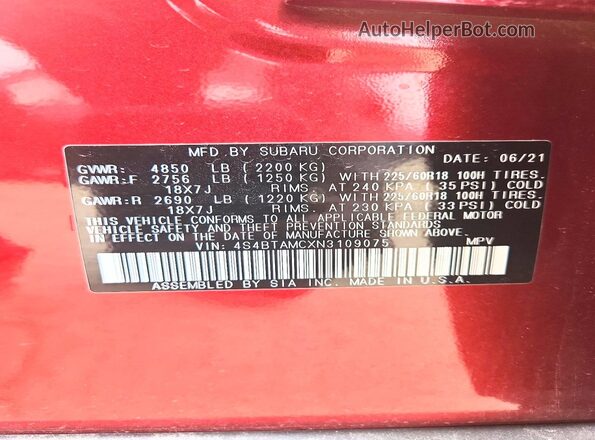 4S4BTAMCXN3109075 2022 SUBARU OUTBACK Red Vista de la etiqueta del VIN
