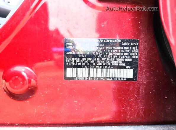 4S4BTANC0L3185657 2020 SUBARU OUTBACK Burgundy Widok komory silnika