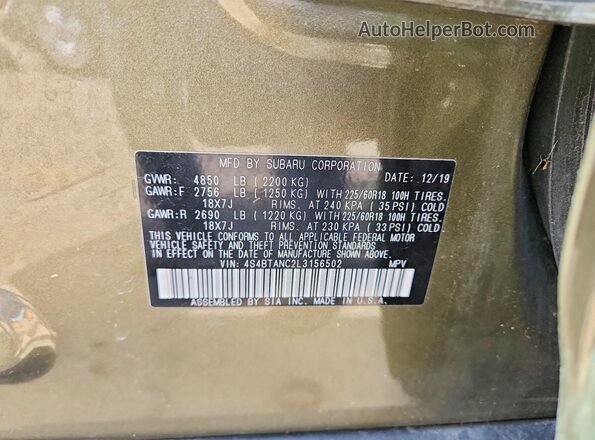 4S4BTANC2L3156502 2020 SUBARU OUTBACK Зеленый Вид подкапотного пространства