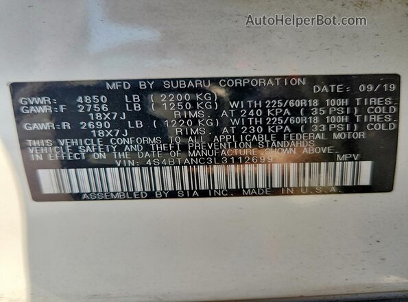 4S4BTANC3L3112699 2020 SUBARU OUTBACK White Widok komory silnika