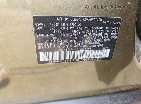 4S4BTANC3L3154449 2020 SUBARU OUTBACK Green Widok komory silnika