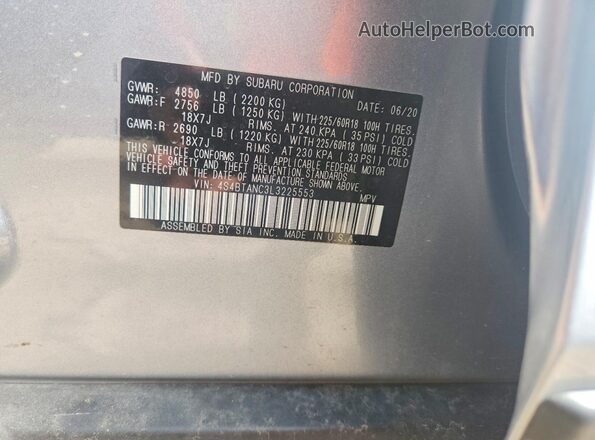 4S4BTANC3L3225553 2020 SUBARU OUTBACK Silver Vista de la etiqueta del VIN