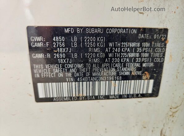 4S4BTANC3N3196168 2022 SUBARU OUTBACK Белый Вид наклейки с VIN-кодом