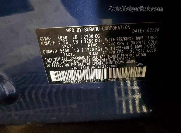 4S4BTANC4L3202086 2020 SUBARU OUTBACK Синий Вид наклейки с VIN-кодом