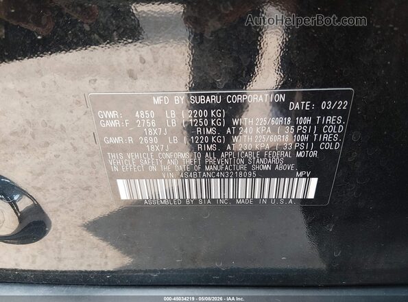 4S4BTANC4N3218095 2022 SUBARU OUTBACK Черный Вид подкапотного пространства
