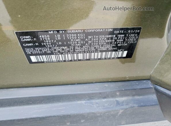 4S4BTAPC0L3177216 2020 SUBARU OUTBACK Зеленый Вид наклейки с VIN-кодом