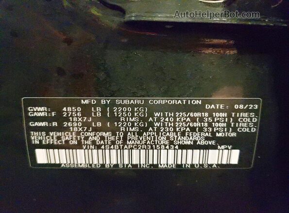 4S4BTAPC2R3158434 2024 SUBARU OUTBACK Black Vista de la etiqueta del VIN