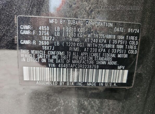 4S4BTAPC3R3238759 2024 SUBARU OUTBACK Черный Панорамный вид салона 360°