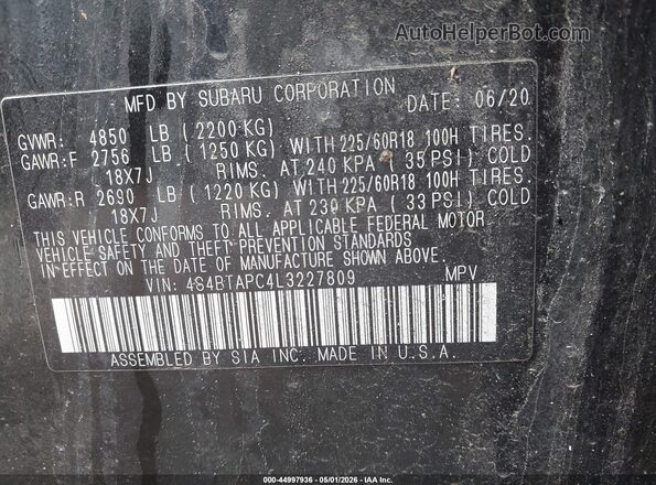 4S4BTAPC4L3227809 2020 SUBARU OUTBACK Черный Вид подкапотного пространства