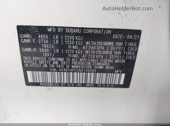 4S4BTAPC5N3136065 2022 SUBARU OUTBACK White Widok komory silnika