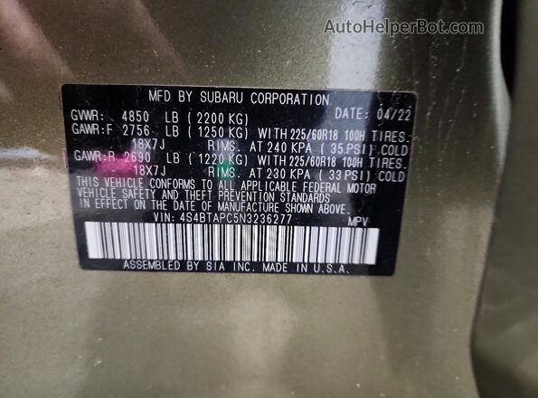 4S4BTAPC5N3236277 2022 SUBARU OUTBACK Green სალონის 360-გრადუსიანი ხედი