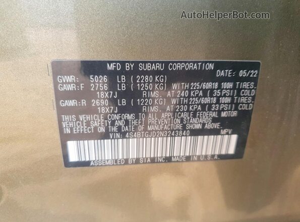 4S4BTGJD2N3243840 2022 SUBARU OUTBACK Зеленый Вид подкапотного пространства