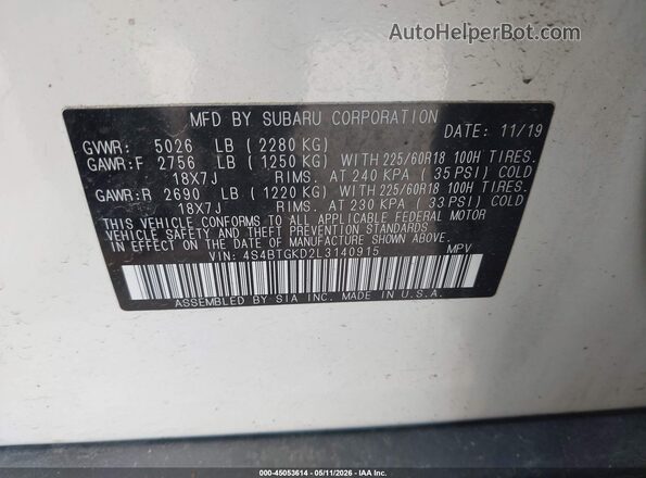 4S4BTGKD2L3140915 2020 SUBARU OUTBACK Белый Вид подкапотного пространства