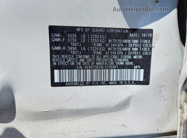 4S4BTGKD9L3126901 2020 SUBARU OUTBACK White Vista interior de 360 grados