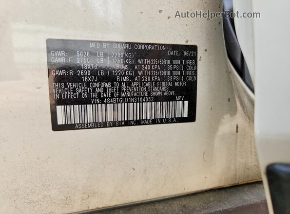 4S4BTGLD1N3104053 2022 SUBARU OUTBACK White Вид наклейки з VIN-кодом
