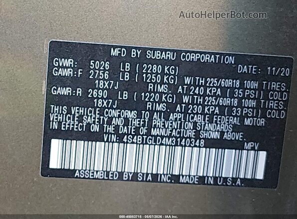 4S4BTGLD4M3140348 2021 SUBARU OUTBACK Зеленый Вид подкапотного пространства