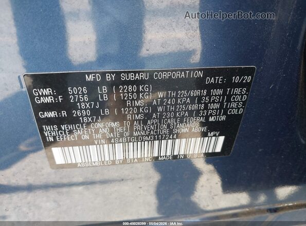 4S4BTGLD9M3117244 2021 SUBARU OUTBACK Синий Вид подкапотного пространства